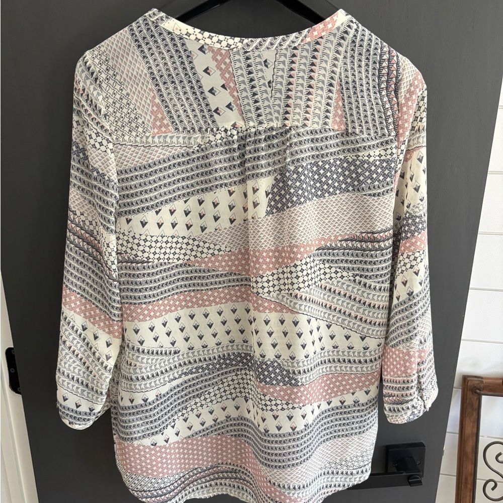 Maurices Geometric V-Neck Blouse - Pink, Gray, White - Picture 4 of 4